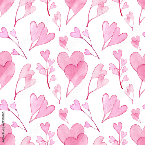 Seamless pattern with watercolor hand painted hearts photo
