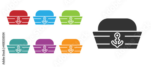 Black Sailor hat icon isolated on white background. Set icons colorful. Vector.