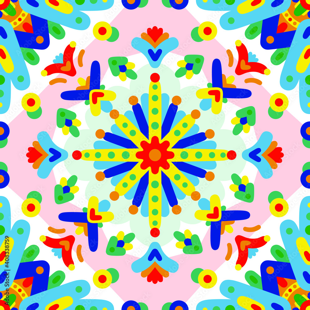 Vector rapport of a seamless pattern from simple shapes. Ornament kaleidoscope for carpet, fabric, wallpaper pattern