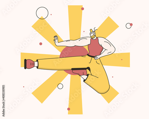 A man practises Japanese martial arts. Ninja fly style. Vector illustration for sport and activity contents, blog, vlog, telework, remote working and freelancing, business, start up and social media