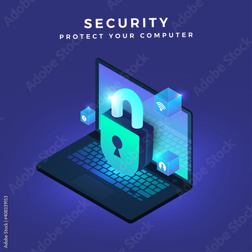 Illustrations concept security computer.Icon key lock 3d. Isometric vector graphic.