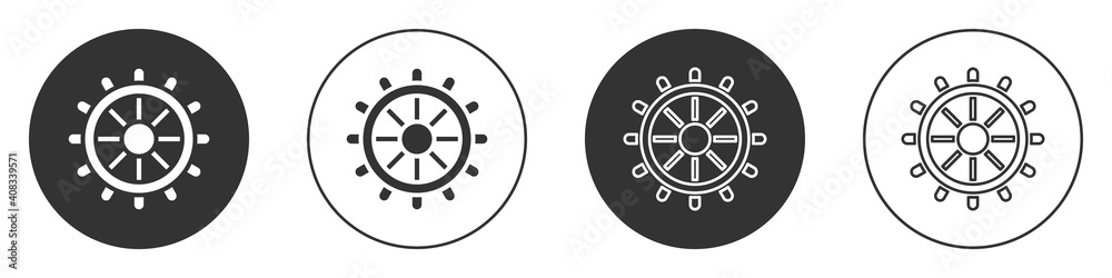Black Ship steering wheel icon isolated on white background. Circle button. Vector. Black Ship steering wheel icon isolated on white background. Circle button. Vector.