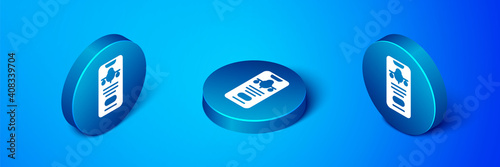 Isometric Smartphone with electronic boarding pass airline ticket icon isolated on blue background. Passenger plane mobile ticket for web and app. Blue circle button. Vector.