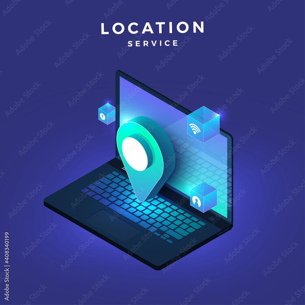 Illustrations concept location service on computer.Icon pin maps ...