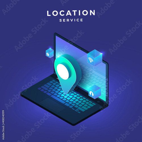 Illustrations concept location service on computer.Icon pin maps. Isometric vector graphic.