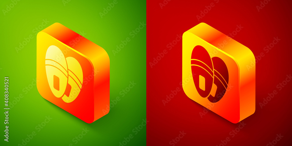 Isometric Slippers icon isolated on green and red background. Flip flops sign. Square button. Vector. Isometric Slippers icon isolated on green and red background. Flip flops sign. Square button. Vector.