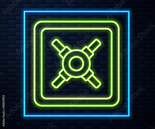 Glowing neon line Safe icon isolated on brick wall background. The door safe a bank vault with a combination lock. Reliable Data Protection. Vector Illustration.