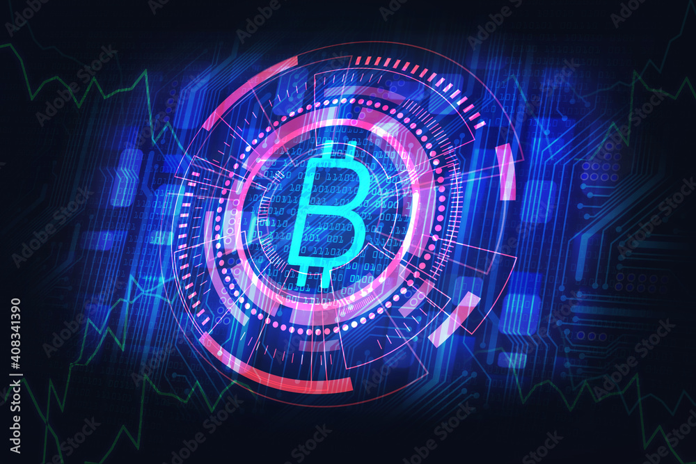 Obraz premium bitcoin mining cryptocurrency concept in red blue dark style, earning cryptocurrency, digital, electronic money. 3D illustration
