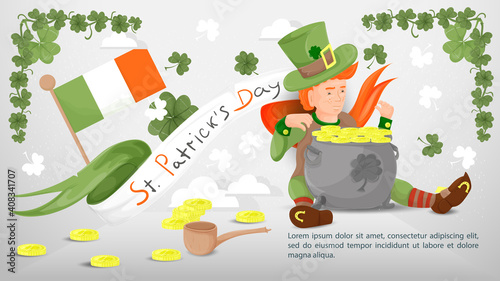 Flat illustration banner for decorating designs on the theme of the St. Patricks Day holiday A guy in a leprechaun costume hugs a pot of gold coins on the background of the flag of Ireland