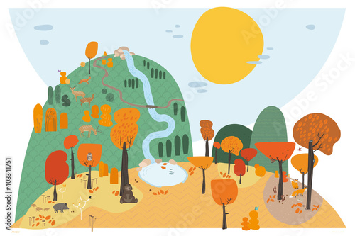 MYOW make your own world - cute animals have happy moments inside a fantasy autumn landscape in a vector illustration
