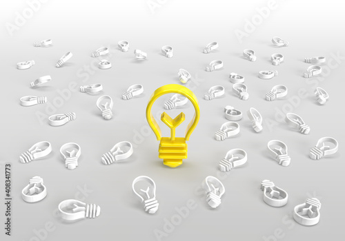 Big yellow light bulb idea on a background of many light bulbs.