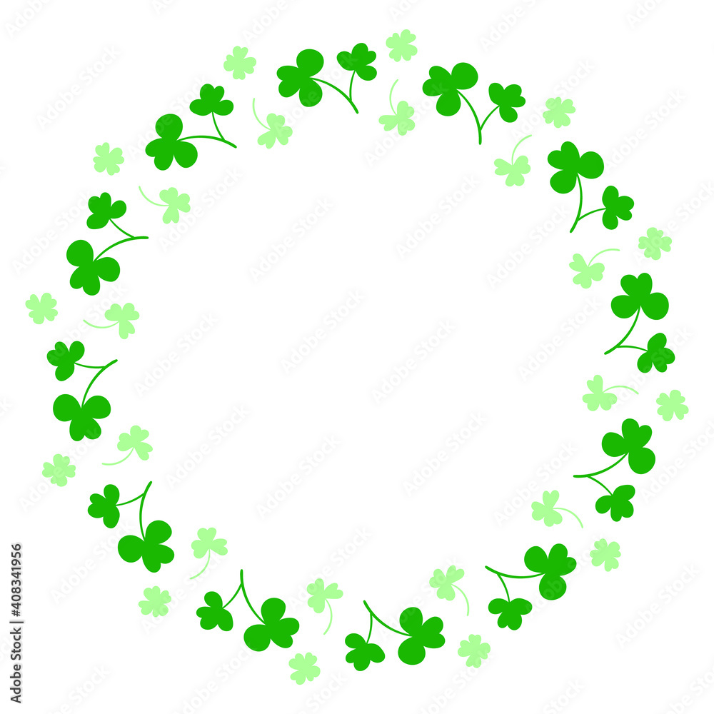 Round frame with clover leaves.Magical plant. Decoration for St. Patrick's Day with trefoils and quatrefoils. Shamrock. Irish story. Isolated on white.