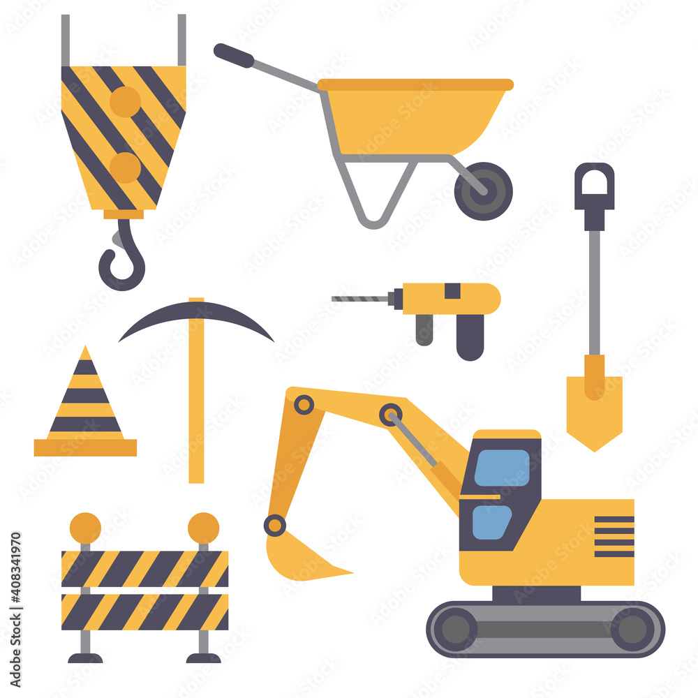 Flat design set of construction equipment isolated on white background. Excavator, shovel, crane and construction road signs. Equipment collection Flat design set of construction equipment isolated on white background. Excavator, shovel, crane and construction road signs. Equipment collection