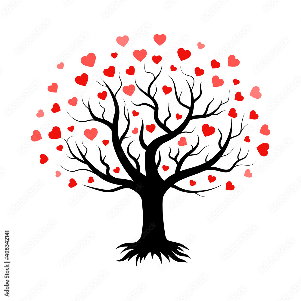Fototapeta premium Tree silhouette with leaves - hearts, romantic decoration for Valentine's Day. Symbol of love, relationships and romance for the holiday on February 14. Isolated. Vector