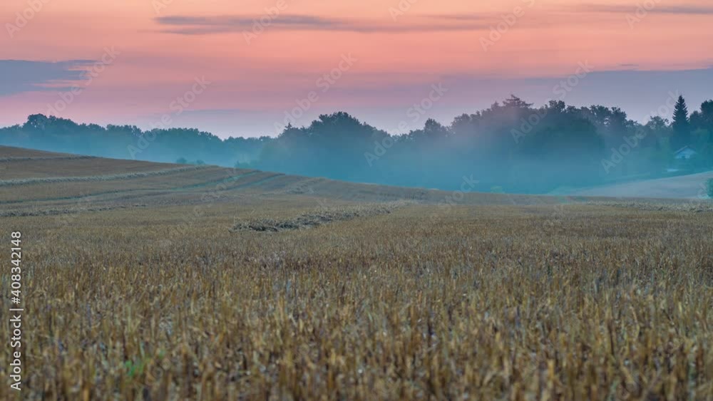 Fog over a summer field in the early morning time lapse Fog over a summer field in the early morning time lapse