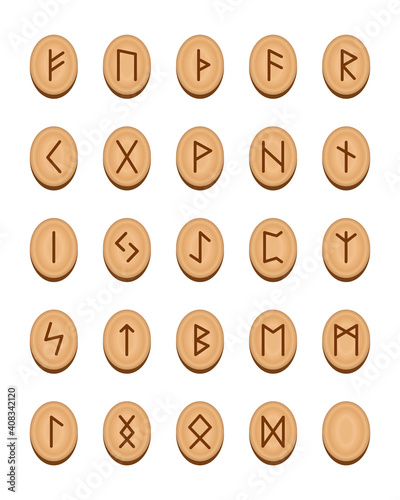 Wooden set of round runes. Futhark. Writing ancient Germans and Scandinavians. Mystical, esoteric, occult, magic symbols.Fortune telling, predicting the future.Isolated.Vector