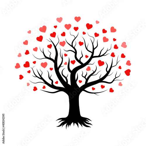 Tree silhouette with leaves - hearts, romantic decoration for Valentine's Day. Symbol of love, relationships and romance for the holiday on February 14. Isolated. Vector