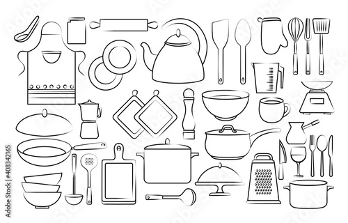 Kitchen tools set. Hand draw kitchen utensils icon collection with knife, pans, cup, teapot, grater, rolling pin, cutting board, cutlery. Cooking and kitchenware food. Household in flat cartoon style