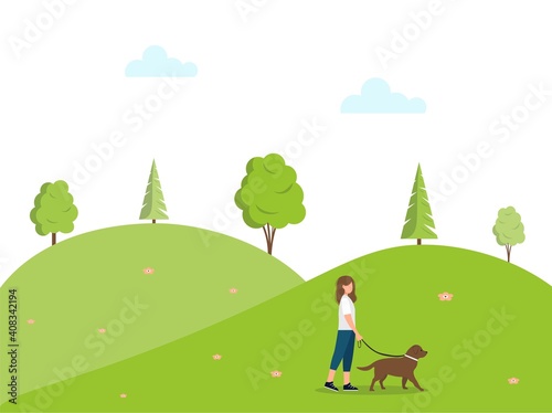 Female character walks the dog. Spring or summer landscape. Walk in nature. Walking the dogs. A young woman or teenager walks the dog. Active rest in the park. Vector illustration in a flat style.