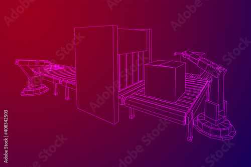 Robotic arm manufacture technology industry assembly mechanic hand. Regular roller conveyor with circuit boards and packed boxes. Wireframe low poly mesh vector illustration