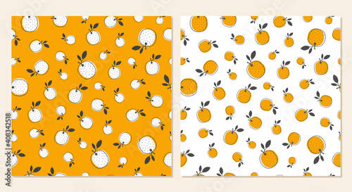 Vector seamless pattern set with orange fruit. Cute patterns with hand drawn fruits