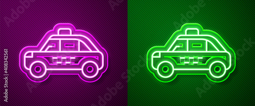Glowing neon line Taxi car icon isolated on purple and green background. Vector.
