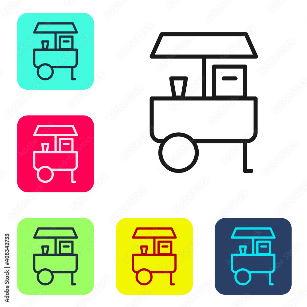 Black line Fast street food cart icon isolated on white background. Urban kiosk. Set icons in color square buttons. Vector. Black line Fast street food cart icon isolated on white background. Urban kiosk. Set icons in color square buttons. Vector.