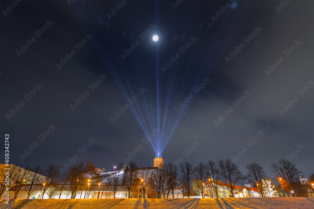 Vilnius, Lithuania - January 25, 2021: Vilnius main symbol, Gediminas castle illuminated for 698 city birthday celebrations