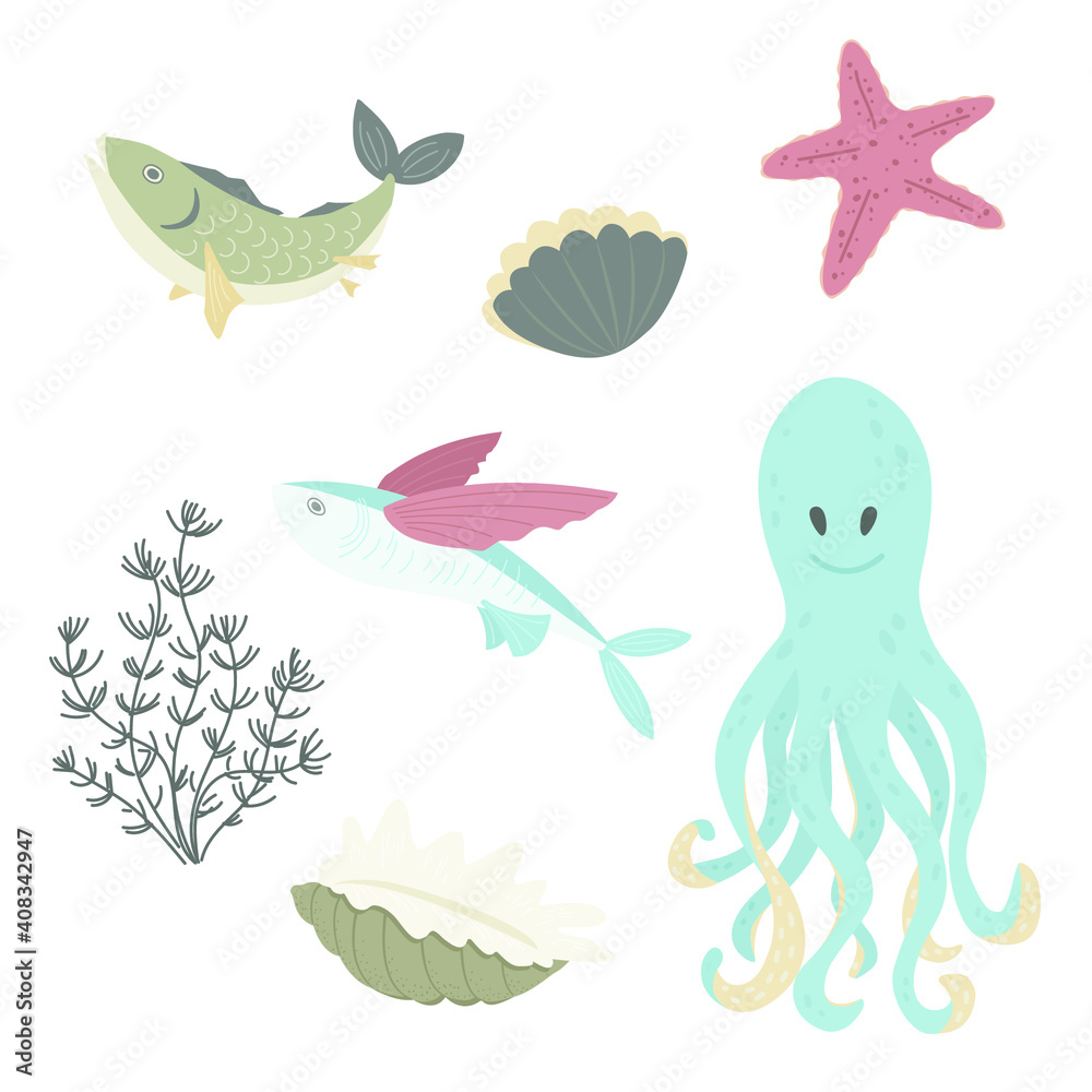 Fototapeta premium Set of marine elements - octopus, fish, shell, seaweed, starfish. Flat vector cartoon illustration 