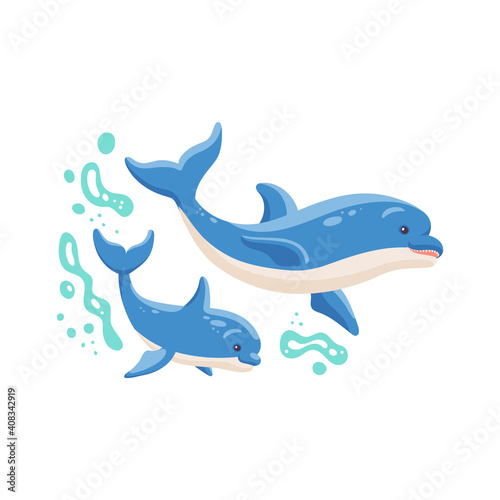 Dolphin mother and her baby swimming in water flat vector illustration isolated.
