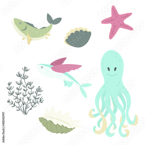 Set of marine elements - octopus, fish, shell, seaweed, starfish. Flat vector cartoon illustration 