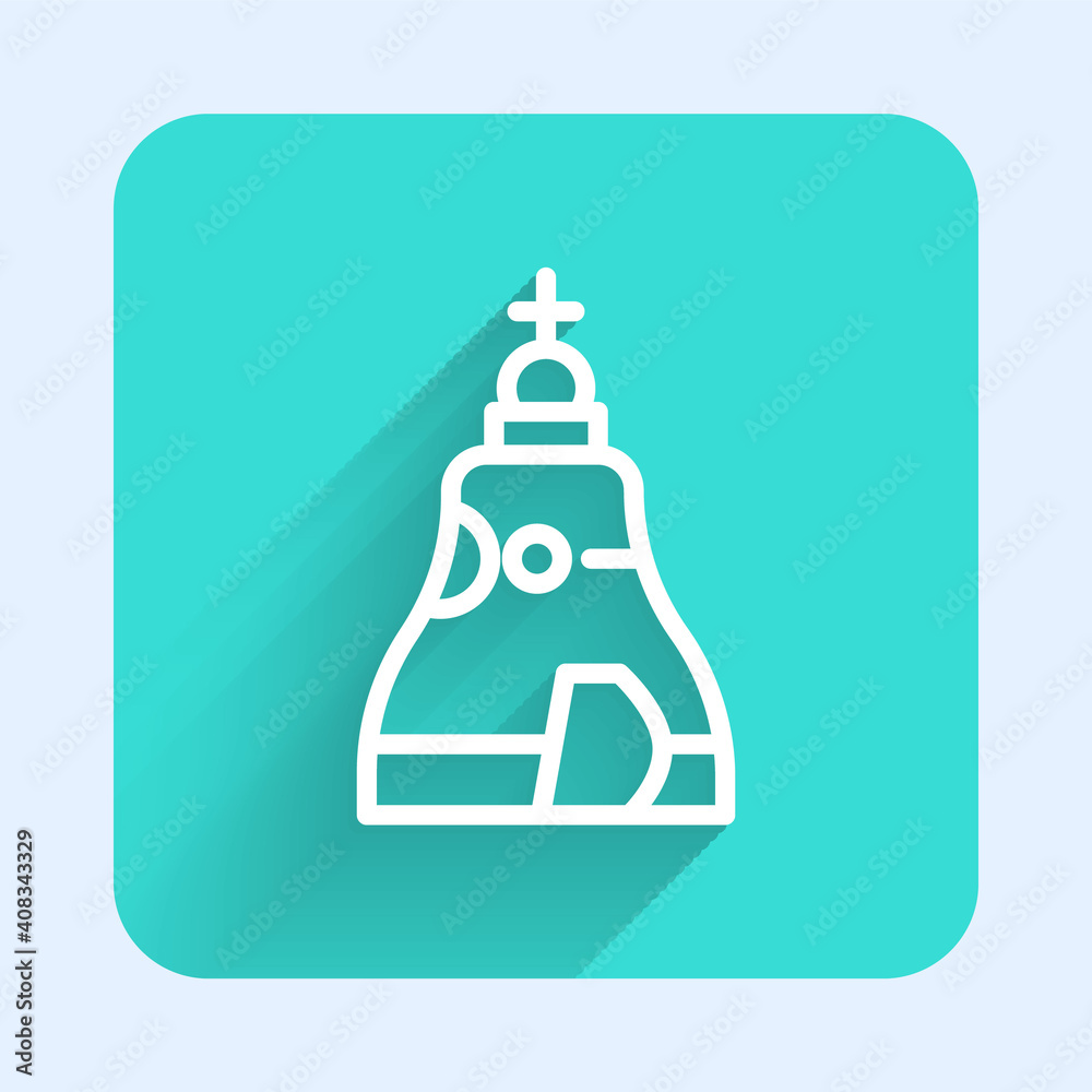White line The Tsar bell in Moscow monument icon isolated with long shadow. Green square button. Vector. White line The Tsar bell in Moscow monument icon isolated with long shadow. Green square button. Vector.