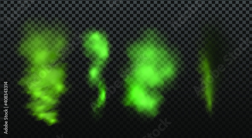 Green stink bad smell, smoke or poison gases,chemical toxic vapour.Vector realistic set of stench breath or sweat odor isolated on transparent checkered background.