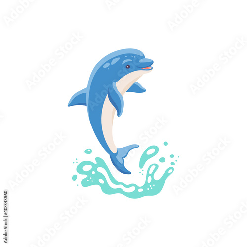 Cute blue cartoon dolphin jumps out of the water a vector isolated illustration.