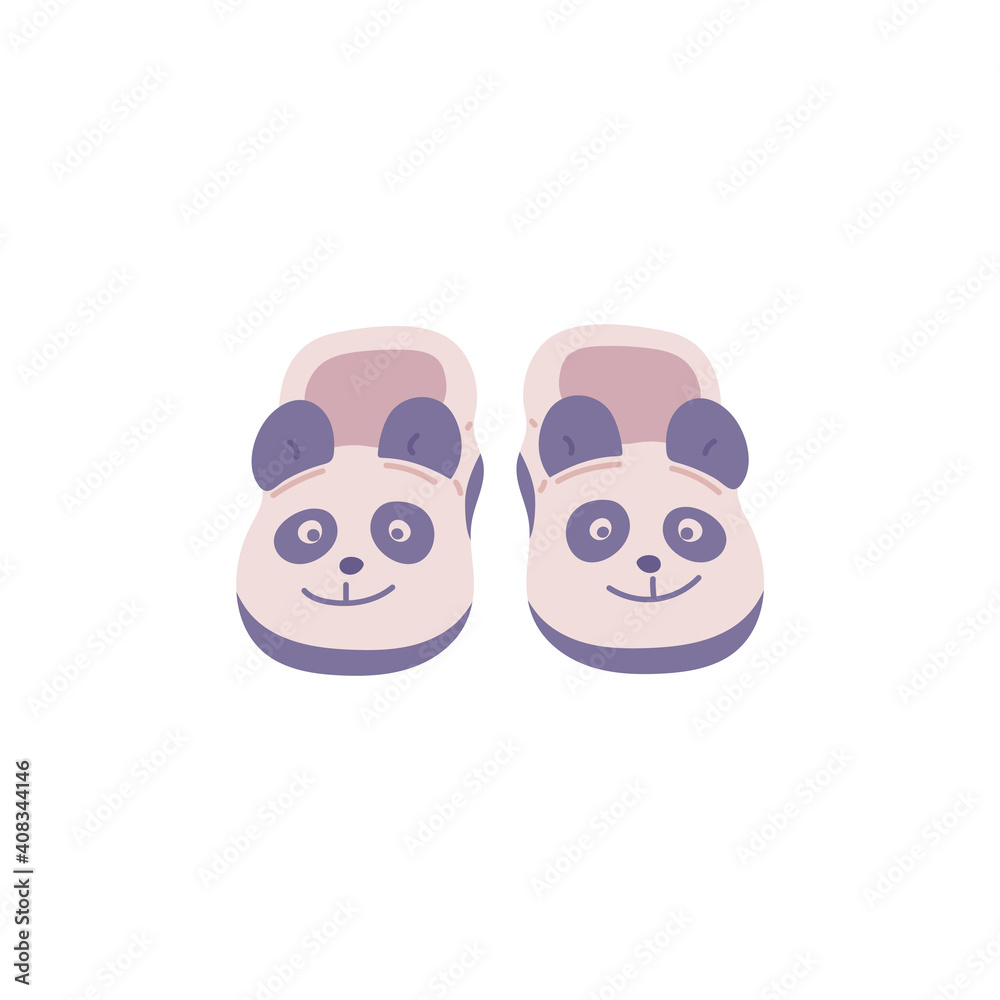 Pair of cozy domestic slippers with bear panda face a vector illustration.