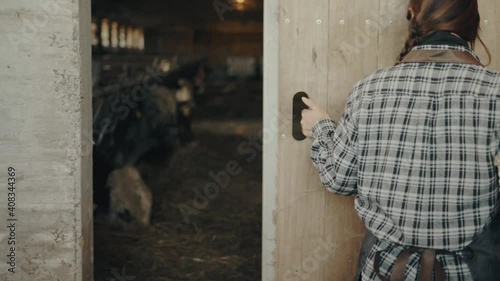 Female farmer opening the gate of a cowshed in slow motion photo