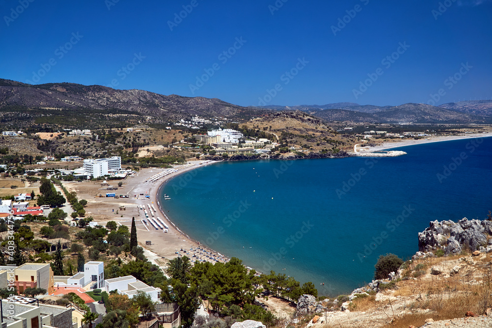 View of the bay with beaches and hotels on the island of Rhodes