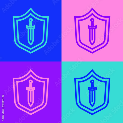 Pop art line Medieval shield with sword icon isolated on color background. Vector.