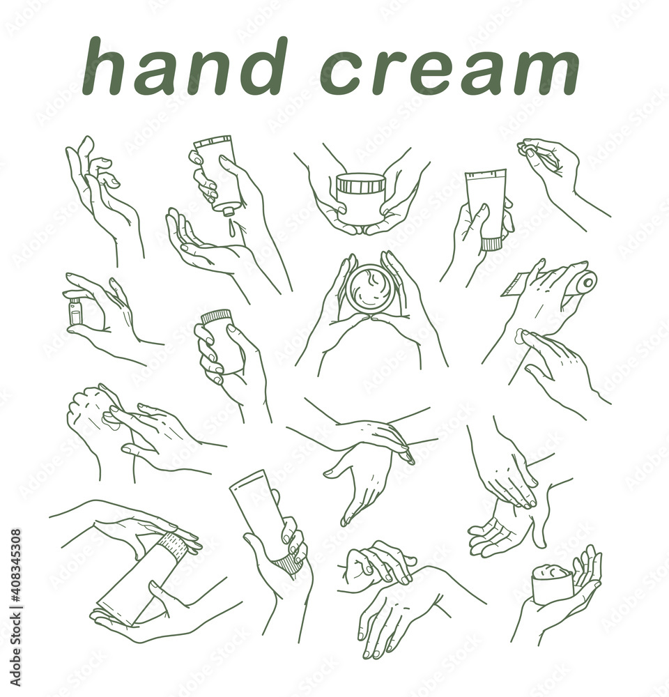 Fototapeta premium Collection of human hands with hand cream and moisturizer tube in different gestures and posses isolated on white background. Vector hand drawn line art illustration. For banners, ads, emblems, tags.