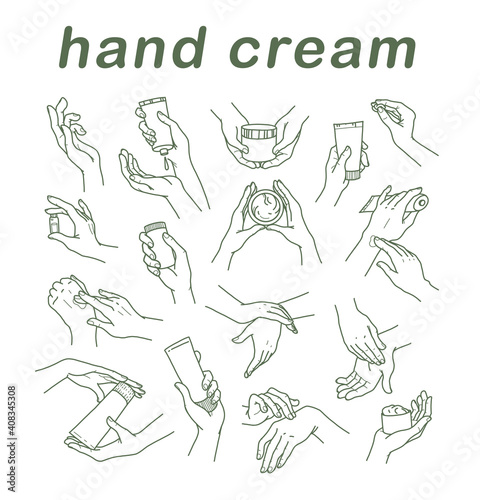 Collection of human hands with hand cream and moisturizer tube in different gestures and posses isolated on white background. Vector hand drawn line art illustration. For banners, ads, emblems, tags.