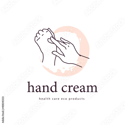 Hand cream emblem with human hands icon concept isolated on white background. Vector line art hand drawn illustration. For brand insignia, banner, advertisement, packaging etc.