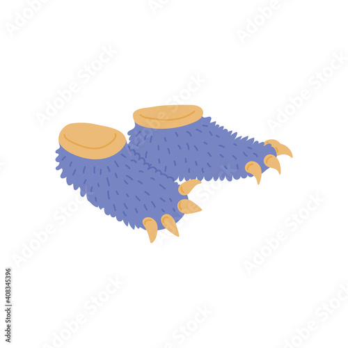 Home slippers paw-shaped with claws flat vector illustration isolated on white.