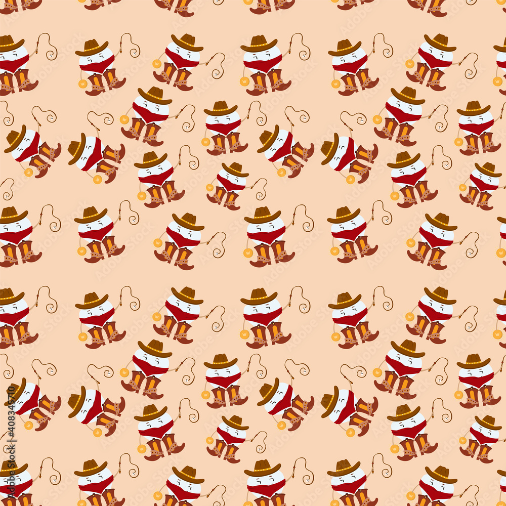 Seamless pattern tooth fairy cowboy. Cartoon vector illustration. Character in a cowboy hat and cowboy boots holds a whip with a tooth and a sparkling coin. Seamless pattern tooth fairy cowboy. Cartoon vector illustration. Character in a cowboy hat and cowboy boots holds a whip with a tooth and a sparkling coin.
