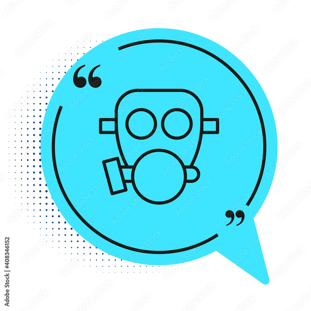 Black line Gas mask icon isolated on white background. Respirator sign. Blue speech bubble symbol. Vector. Black line Gas mask icon isolated on white background. Respirator sign. Blue speech bubble symbol. Vector.
