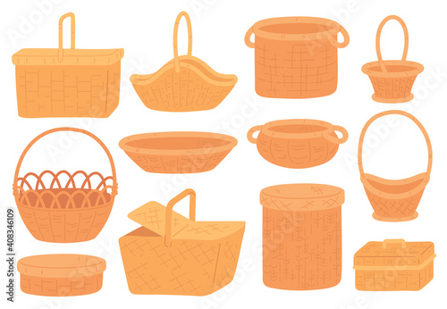 Wicker baskets. Empty straw basket for picnic, grocery or gift. Handmade round bamboo hamper and box. Trendy flat rattan basketry vector set. Illustration basket wicker handmade for picnic