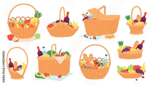 Picnic baskets. Wicker hampers with food and wine bottle on blanket for outdoor meal. Cartoon gift basket with fruits and snacks vector set. Illustration bottle and food in basket to summer picnic