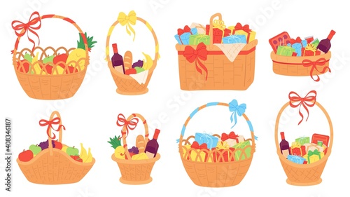 Gift basket. Wicker baskets with present boxes for christmas  food  fruit  chocolate and vine bottle. Flat hamper with bow ribbon vector set. Illustration gift present with chocolate and fruits  gifts