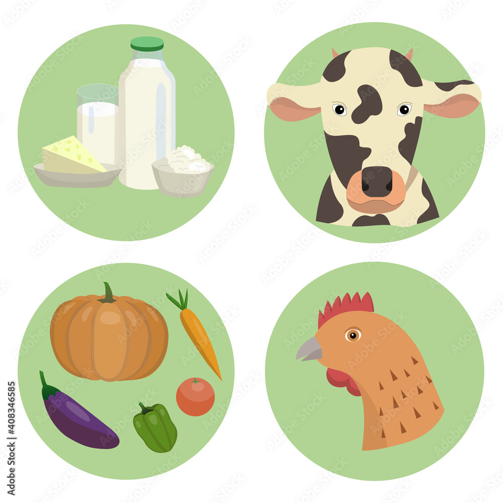 A set of farm products and animals.  Suitable as icons for a website or packing of products