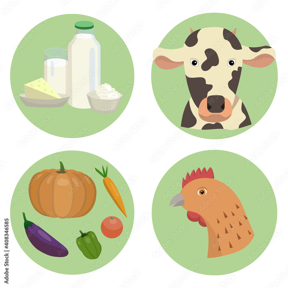 A set of farm products and animals. Suitable as icons for a website or packing of products A set of farm products and animals. Suitable as icons for a website or packing of products