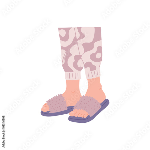 Female foots in cute cozy home lilac slippers a vector isolated illustration